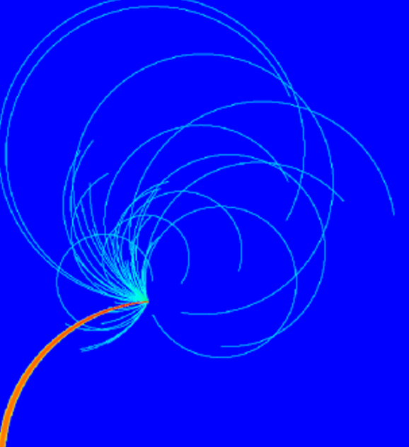 Protons being deflected by magnetic field, interacting on nickel block, FluDAG